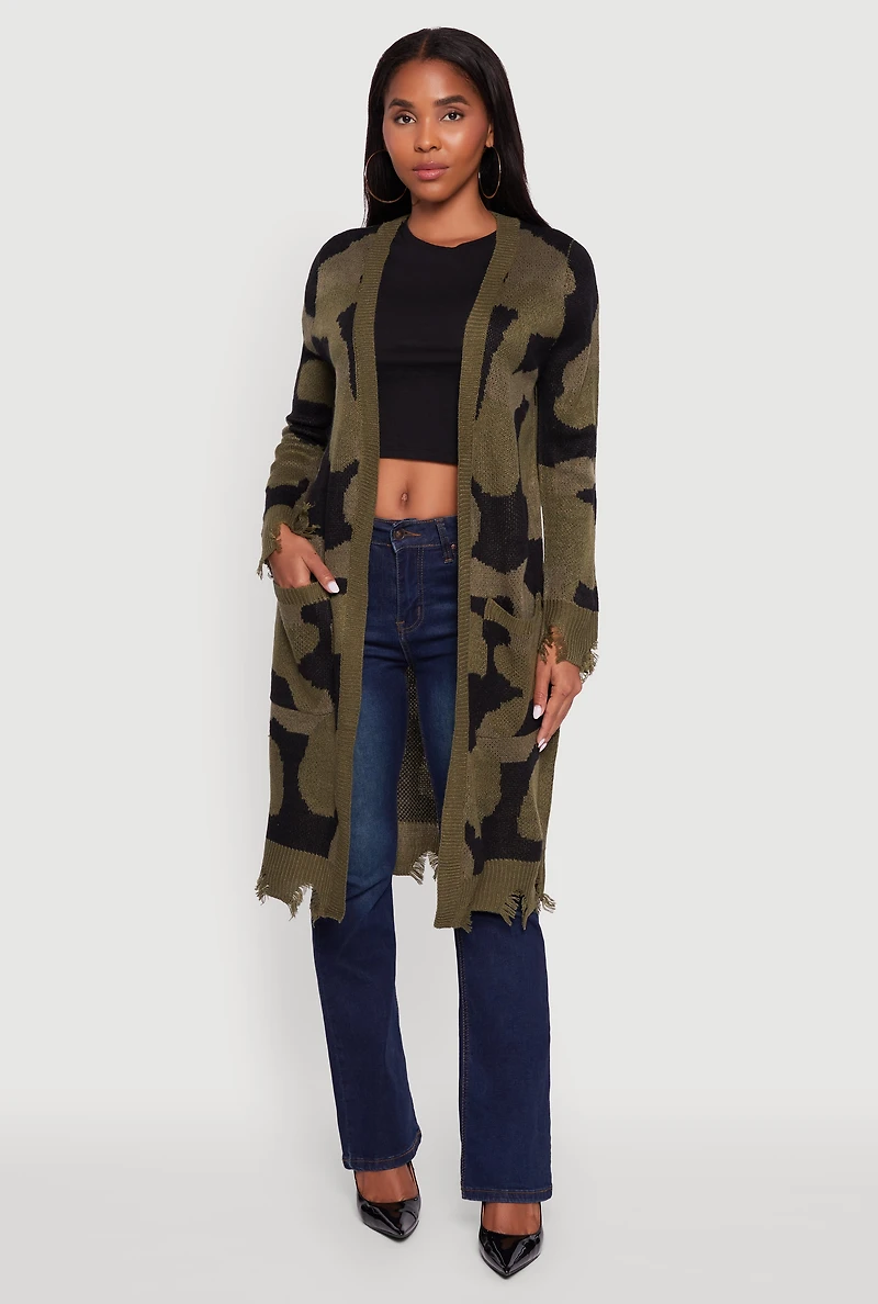 Womens Camouflage Open Front Long Cardigan with Pockets, Green, Size L