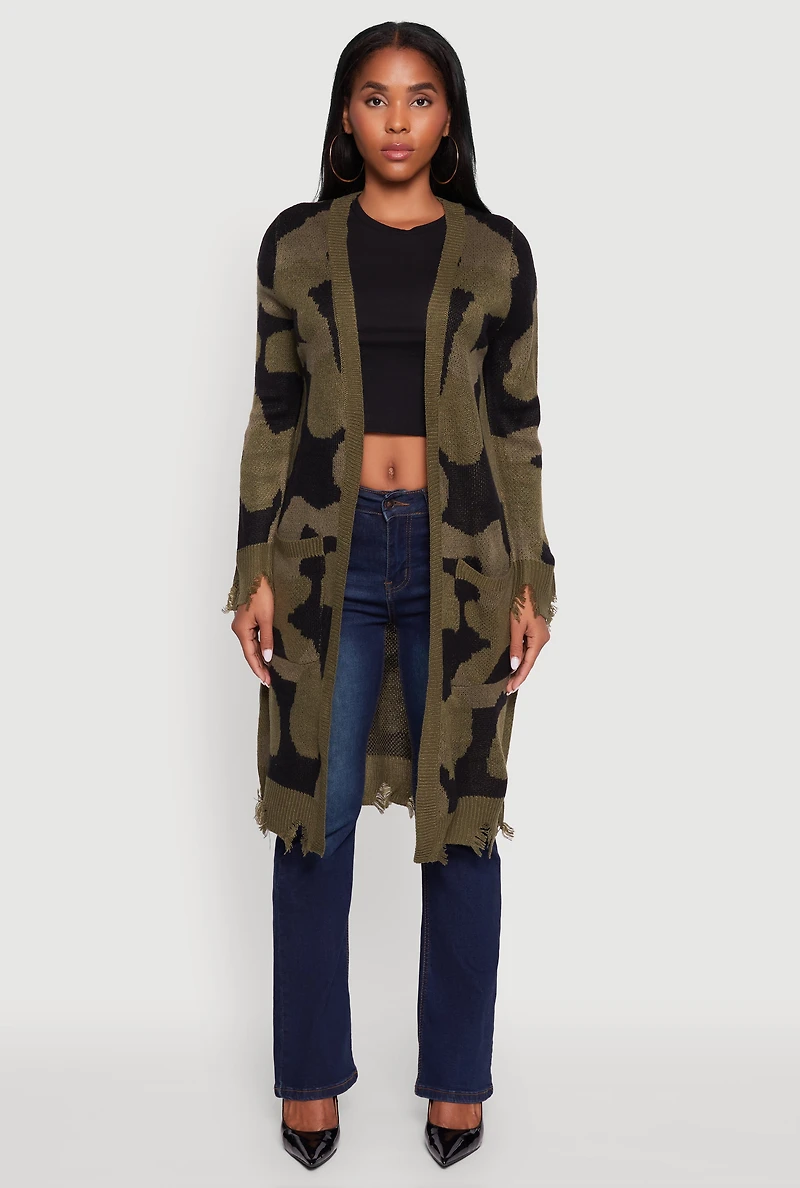 Womens Camouflage Open Front Long Cardigan with Pockets, Green, Size L