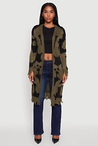 Womens Camouflage Open Front Long Cardigan with Pockets, Green, Size L