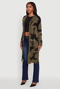 Womens Camouflage Open Front Long Cardigan with Pockets, Green, Size L