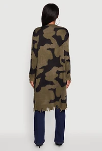 Womens Camouflage Open Front Long Cardigan with Pockets, Green, Size L