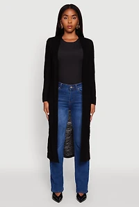 Womens Distressed Long Sleeve Open Front Duster Cardigan, Black, Size M