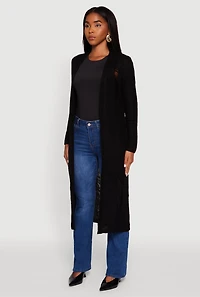 Womens Distressed Long Sleeve Open Front Duster Cardigan, Black, Size M