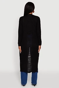 Womens Distressed Long Sleeve Open Front Duster Cardigan, Black, Size M