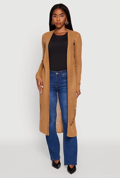 Womens Distressed Long Sleeve Open Front Duster Cardigan,