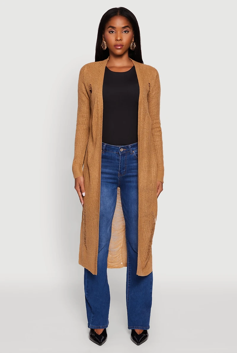 Womens Distressed Long Sleeve Open Front Duster Cardigan,