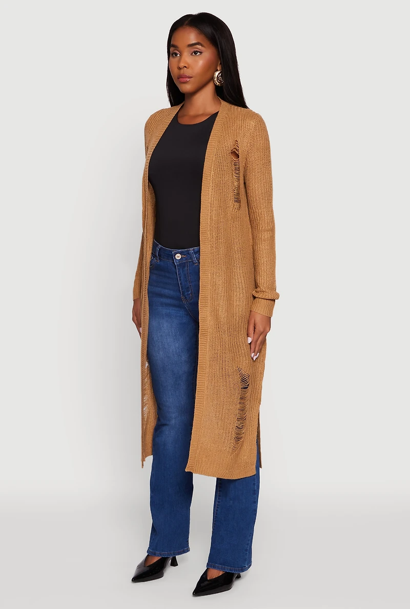 Womens Distressed Long Sleeve Open Front Duster Cardigan,