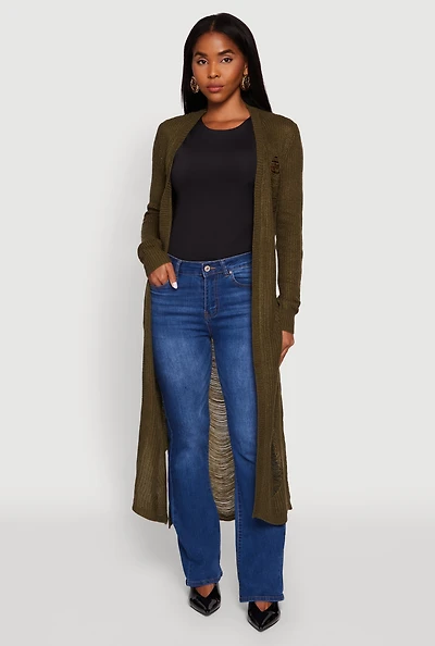 Womens Distressed Long Sleeve Open Front Duster Cardigan, Green,