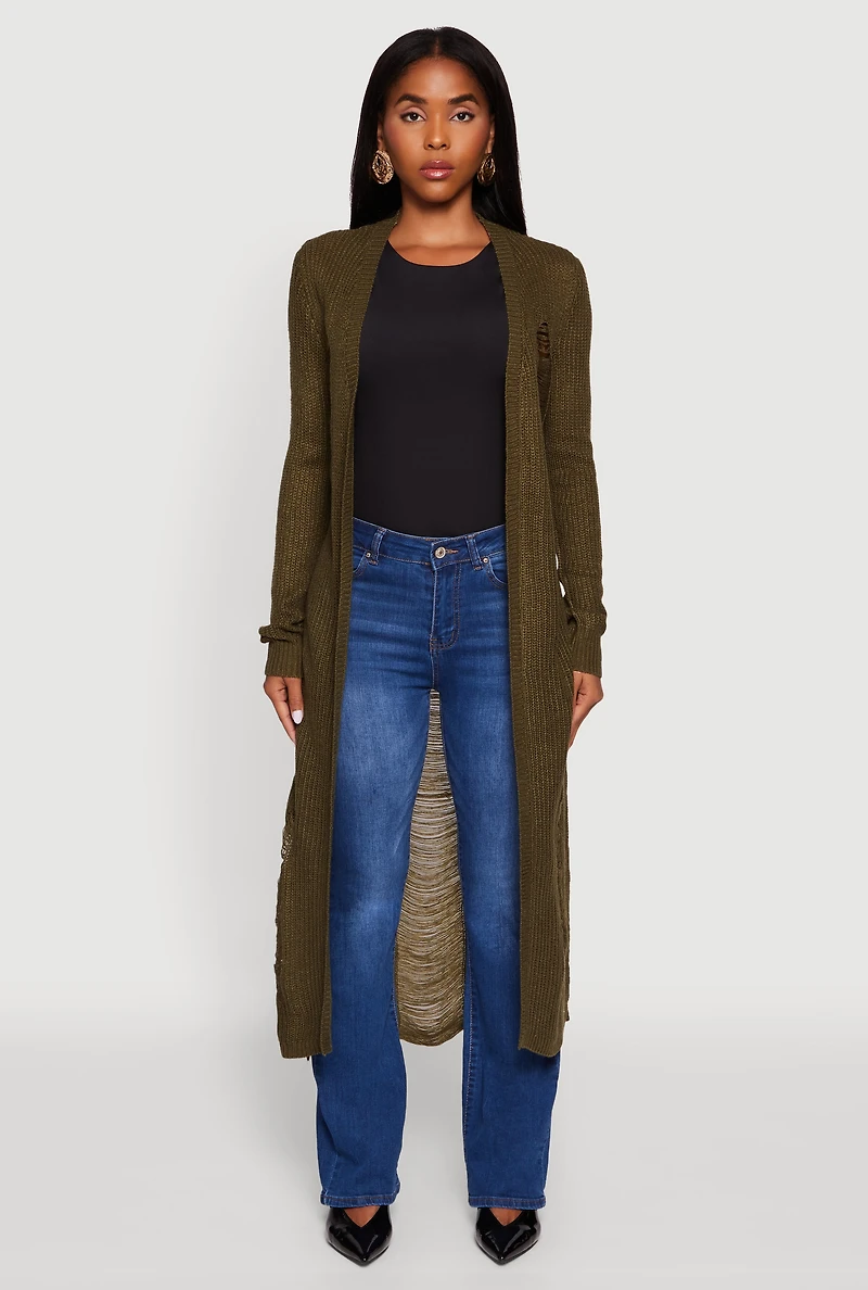 Womens Distressed Long Sleeve Open Front Duster Cardigan, Green,