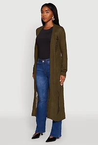 Womens Distressed Long Sleeve Open Front Duster Cardigan, Green,