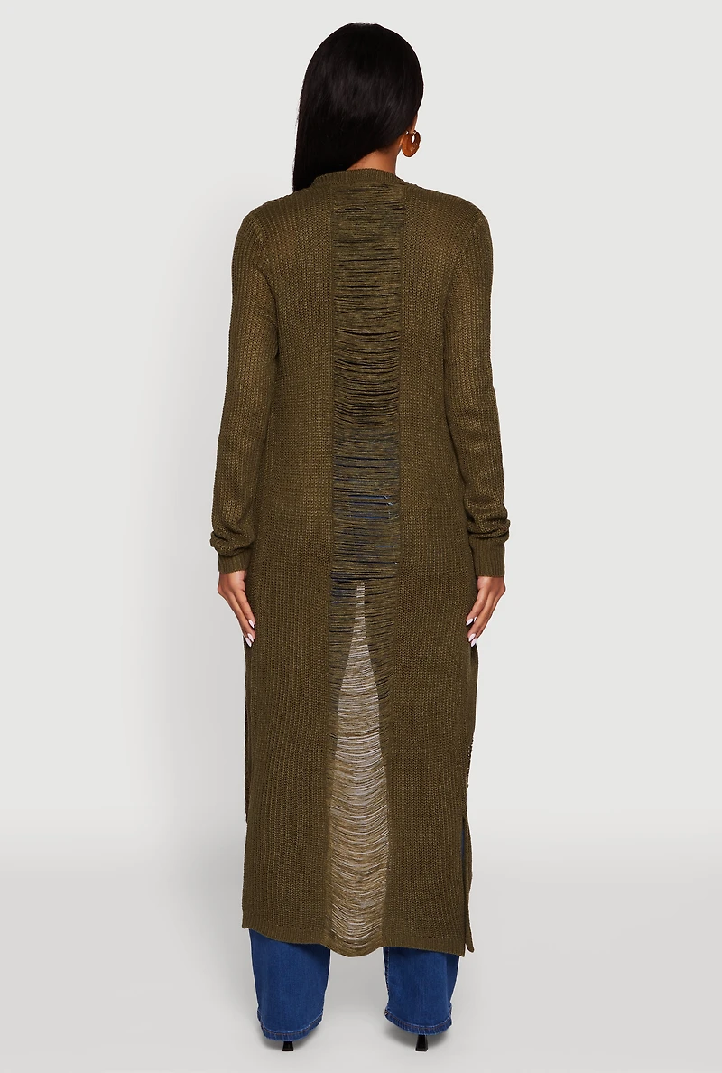 Womens Distressed Long Sleeve Open Front Duster Cardigan, Green,