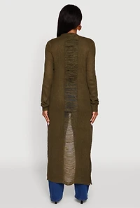 Womens Distressed Long Sleeve Open Front Duster Cardigan, Green,