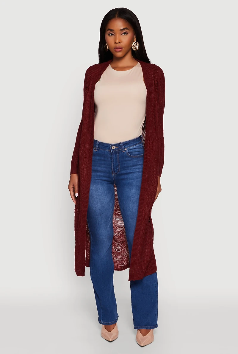 Distressed Long Sleeve Open Front Duster Cardigan