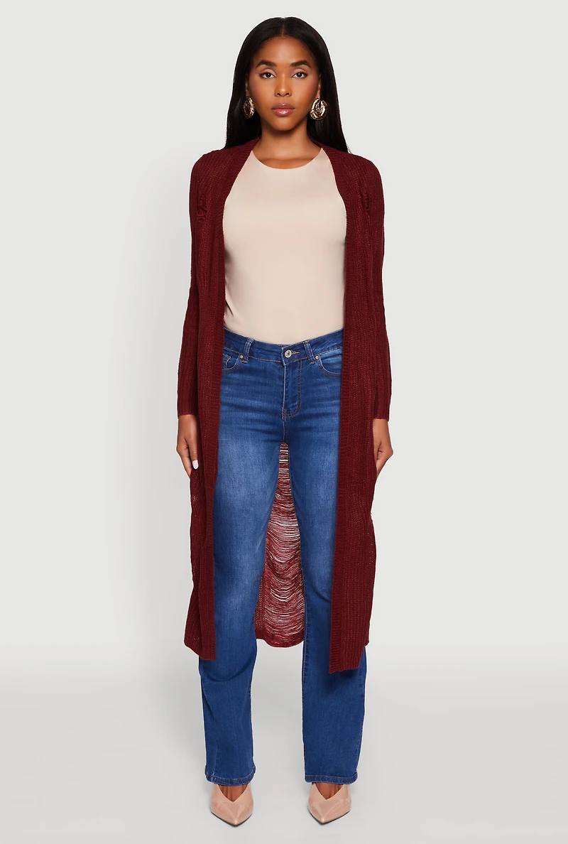 Distressed Long Sleeve Open Front Duster Cardigan