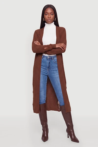 Distressed Open Front Long Cardigan