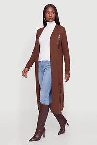 Distressed Open Front Long Cardigan