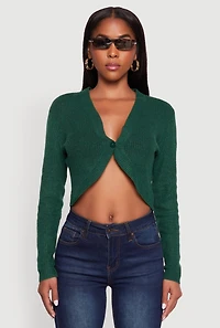 Womens One Button Cropped Cardigan, Green, Size L