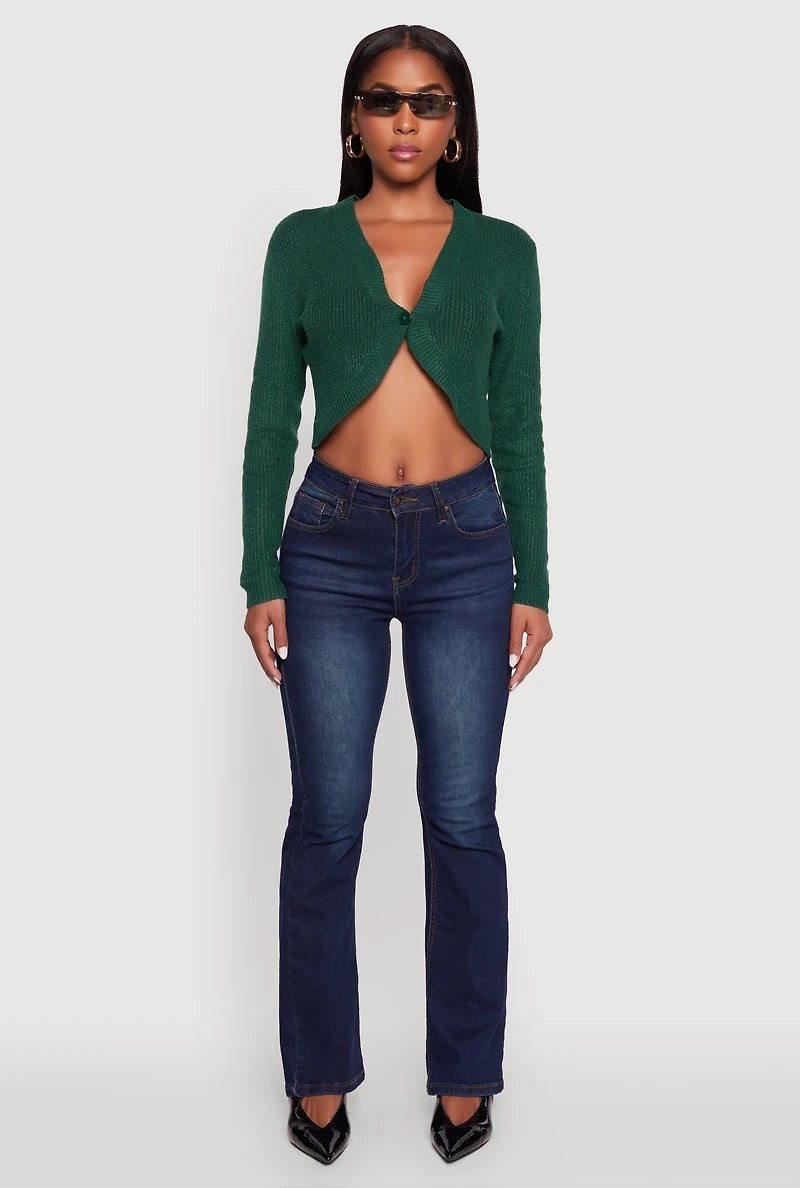 Womens One Button Cropped Cardigan, Green, Size L