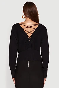 Womens Dolman Long Sleeve Lace Up Back Cardigan, Black, Size L