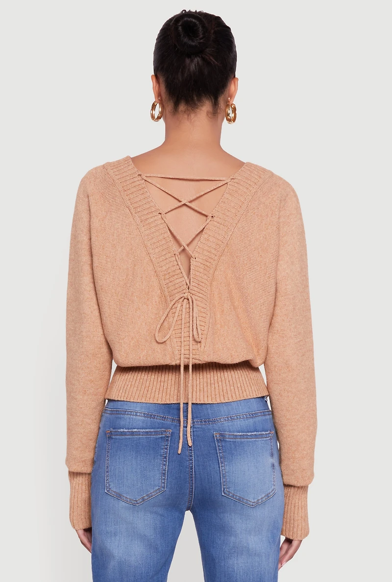 Womens Dolman Long Sleeve Lace Up Back Cardigan, Beige, Size XL