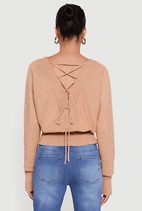 Womens Dolman Long Sleeve Lace Up Back Cardigan, Beige, Size XL