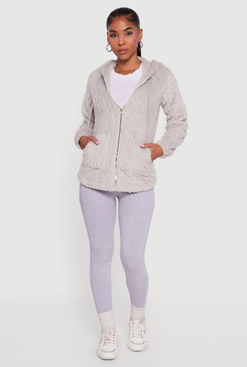 Womens Hooded Oversized Ribbed Knit Sherpa Jacket, Grey, Size M