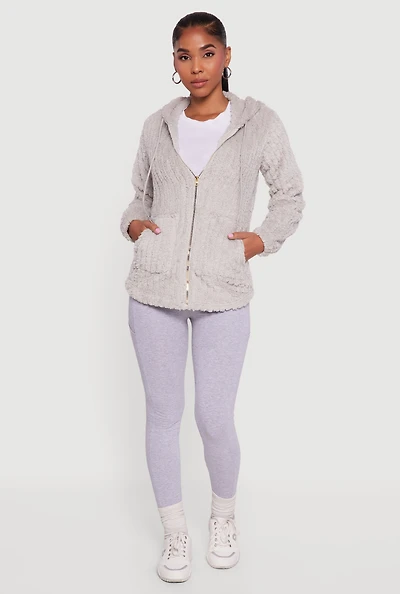 Womens Hooded Oversized Ribbed Knit Sherpa Jacket, Grey, Size M