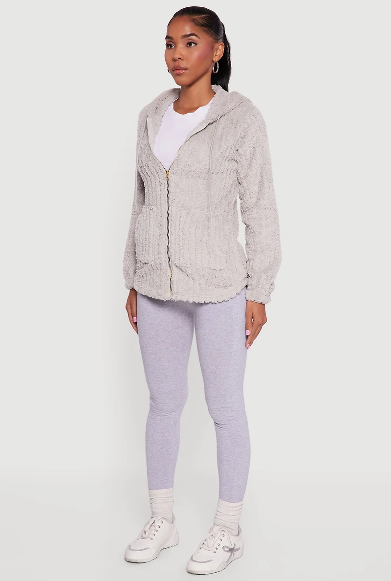 Womens Hooded Oversized Ribbed Knit Sherpa Jacket, Grey, Size M