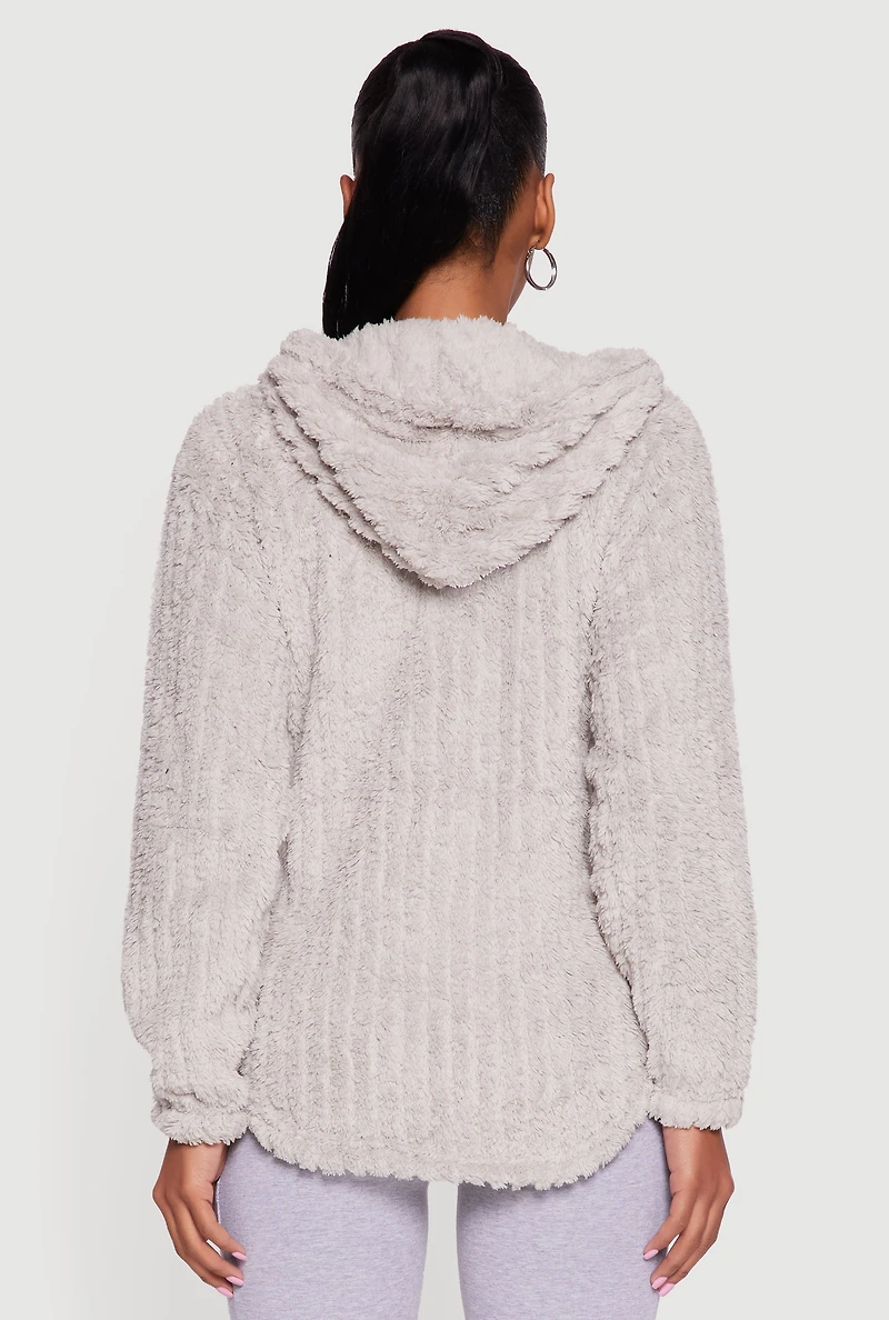 Womens Hooded Oversized Ribbed Knit Sherpa Jacket, Grey, Size M