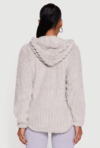 Womens Hooded Oversized Ribbed Knit Sherpa Jacket, Grey, Size M