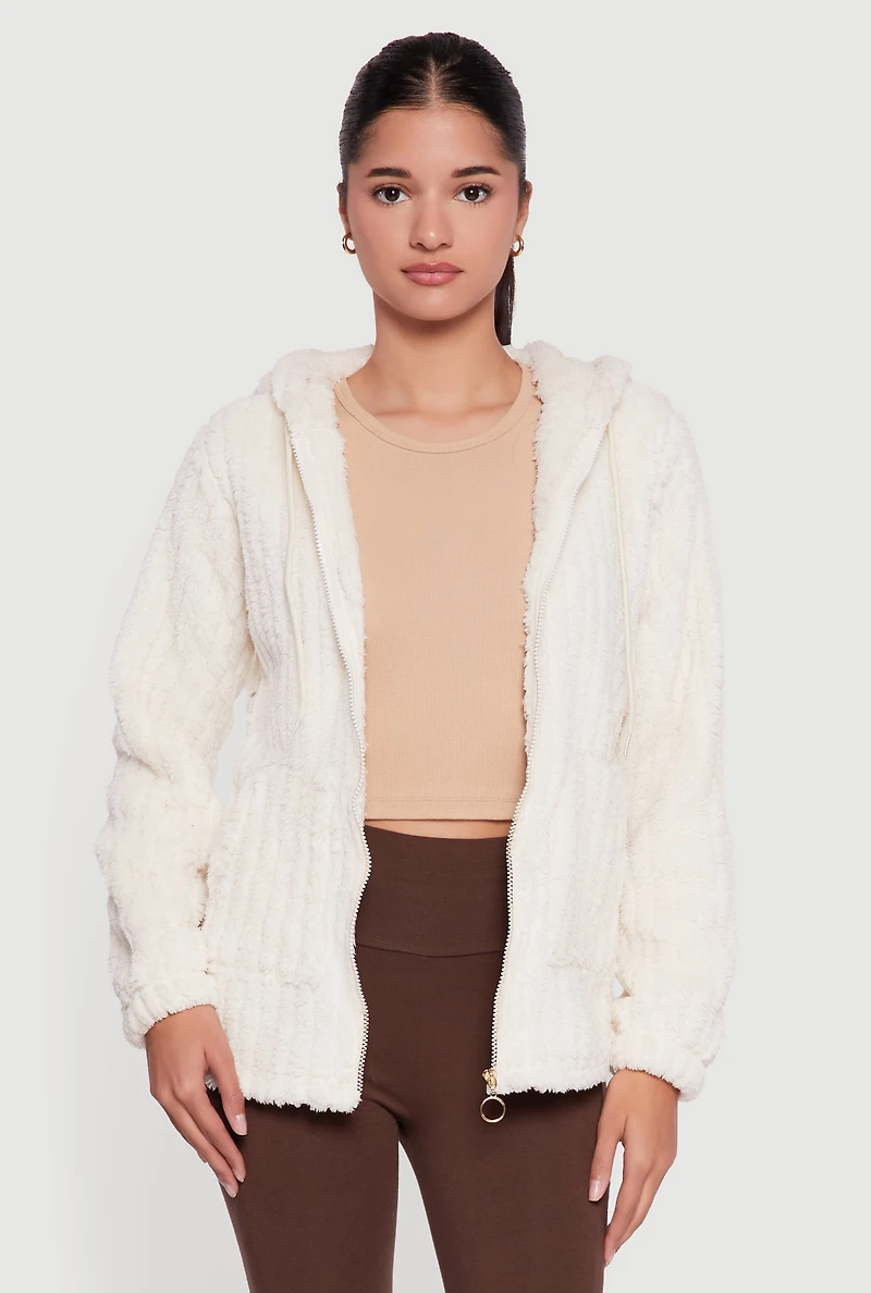Hooded Oversized Ribbed Knit Sherpa Jacket