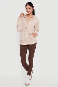 Womens Hooded Oversized Ribbed Knit Sherpa Jacket,