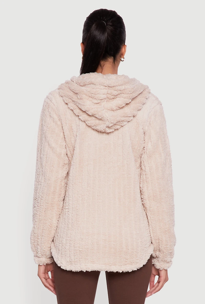Womens Hooded Oversized Ribbed Knit Sherpa Jacket,