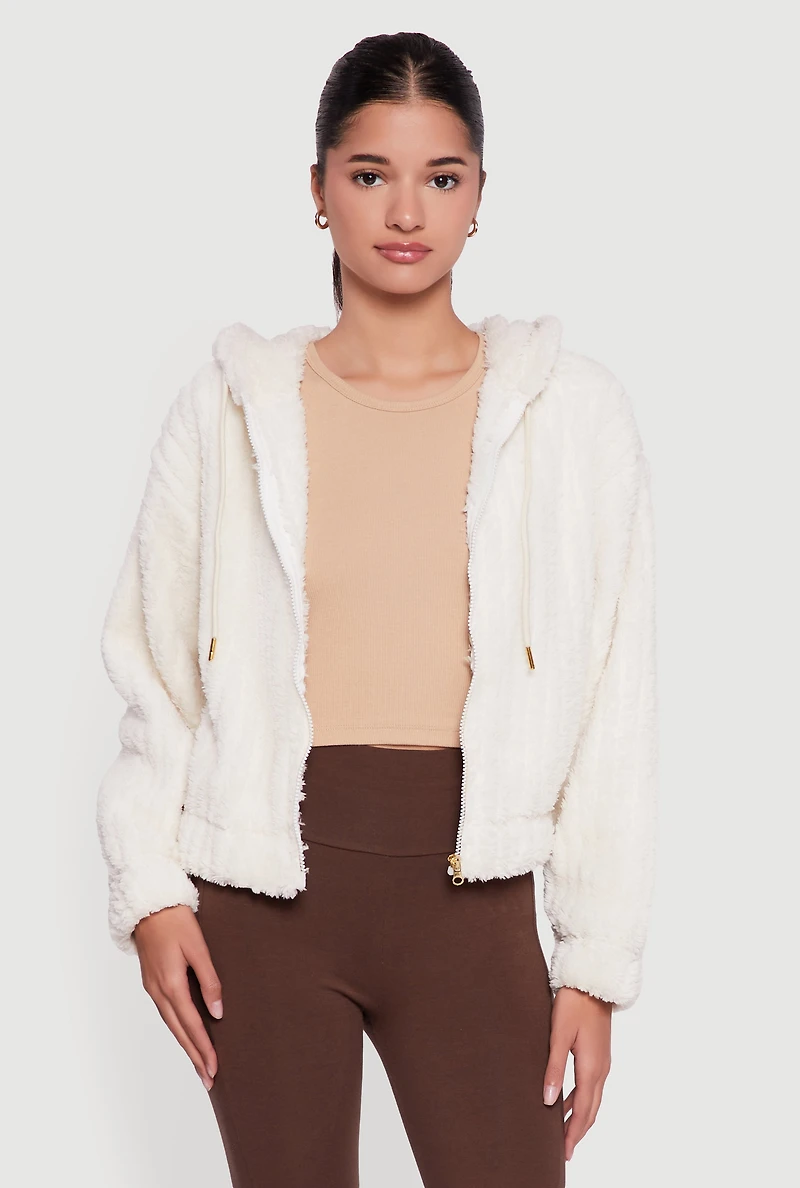 Oversized Ribbed Knit Hooded Sherpa Jacket