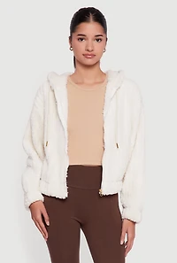 Oversized Ribbed Knit Hooded Sherpa Jacket