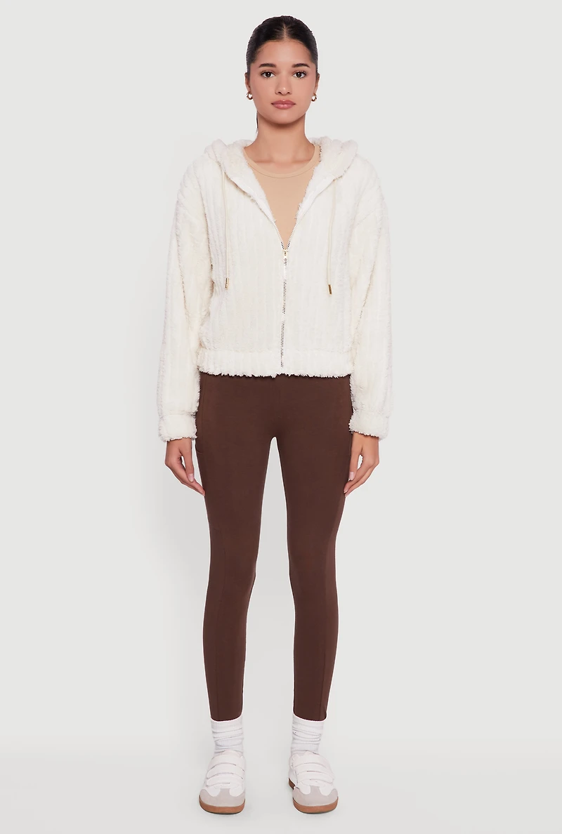 Oversized Ribbed Knit Hooded Sherpa Jacket