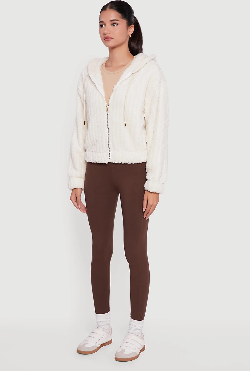 Oversized Ribbed Knit Hooded Sherpa Jacket