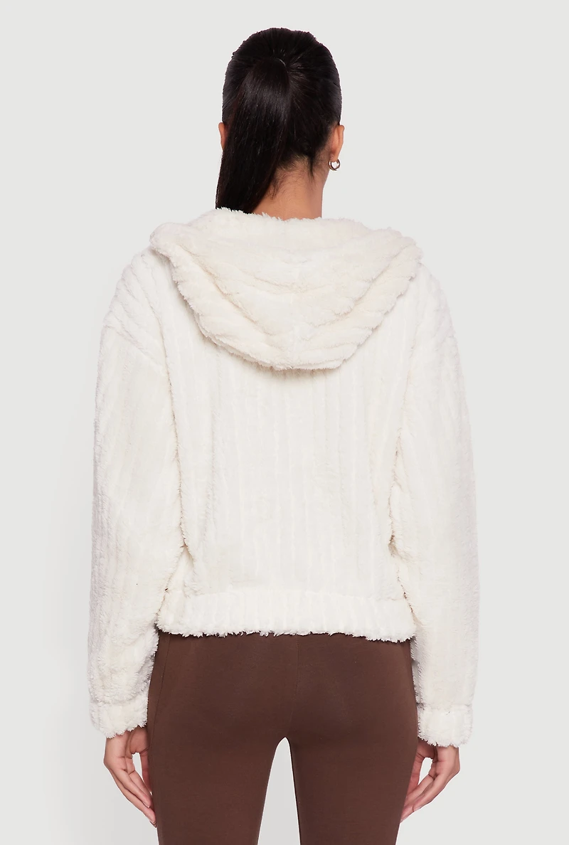 Oversized Ribbed Knit Hooded Sherpa Jacket