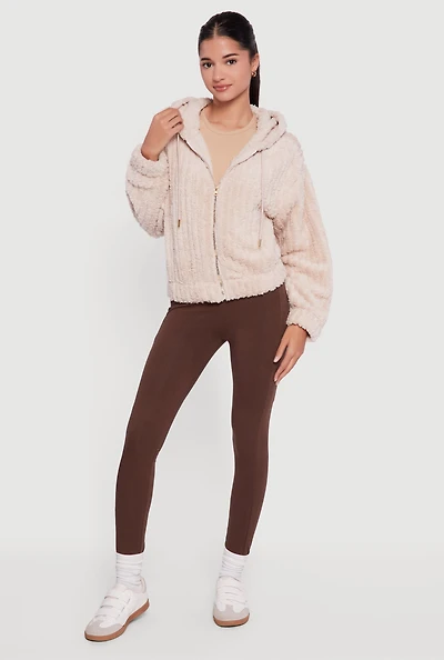 Womens Oversized Ribbed Knit Hooded Sherpa Jacket,