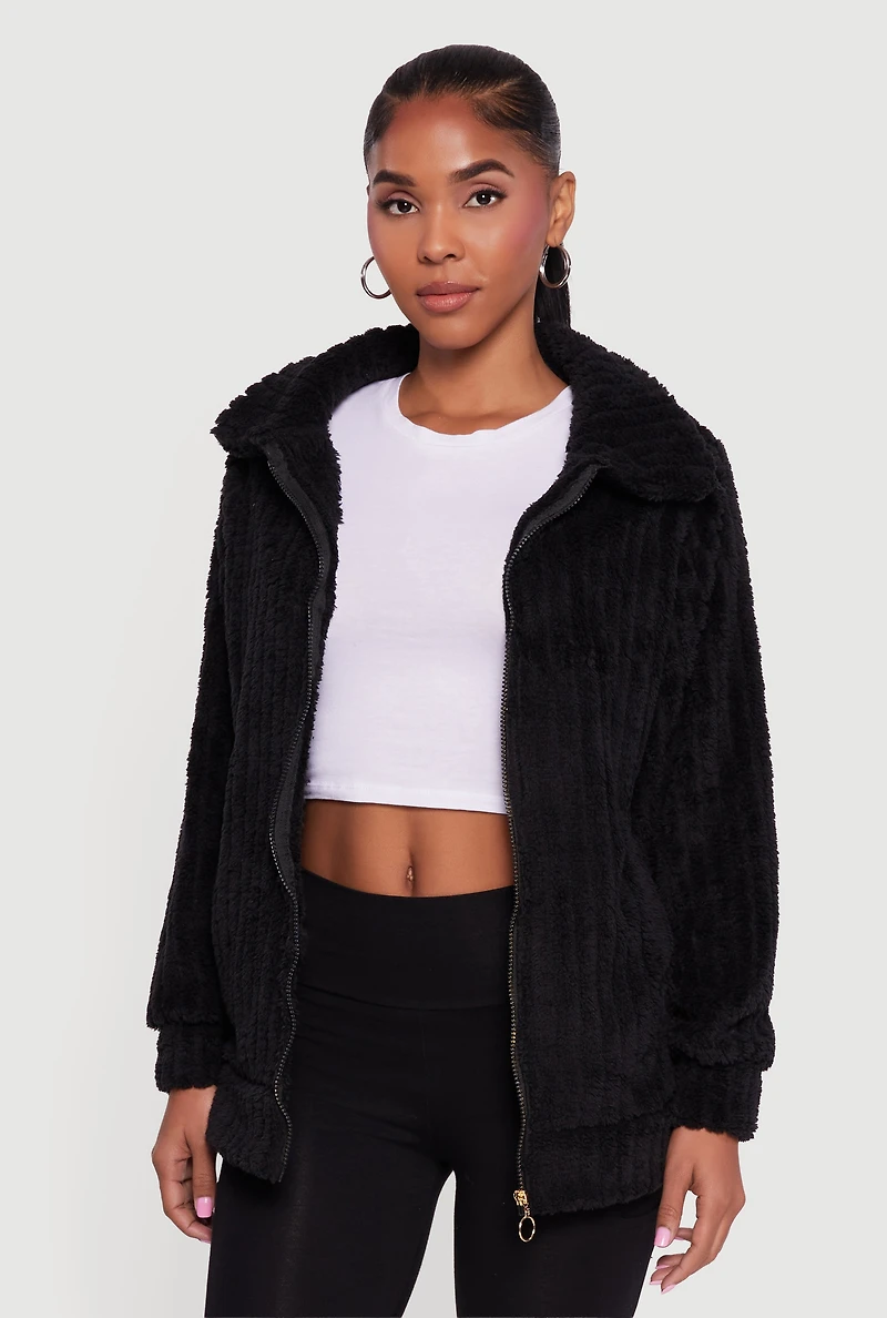 Oversized Ribbed Knit Sherpa Jacket