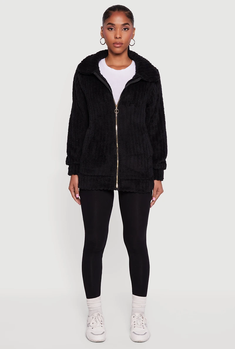 Oversized Ribbed Knit Sherpa Jacket
