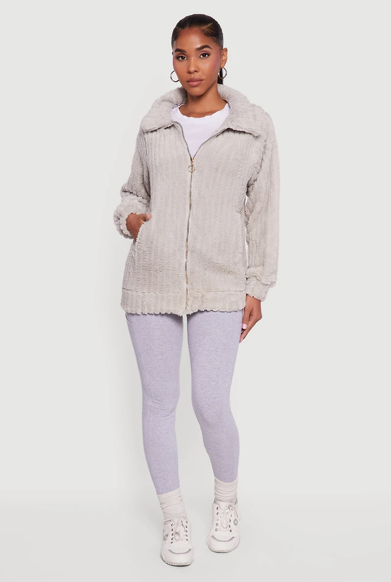 Oversized Ribbed Knit Sherpa Jacket