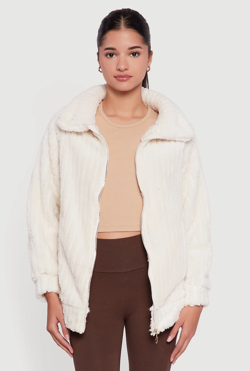 Oversized Ribbed Knit Sherpa Jacket