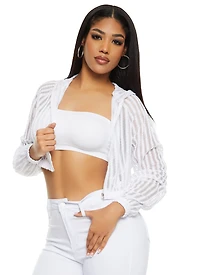 Mesh Shadow Striped Zip Front Cropped Hoodie
