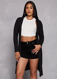 Womens Rib Knit Hooded Long Sleeve Duster, Black, Size S