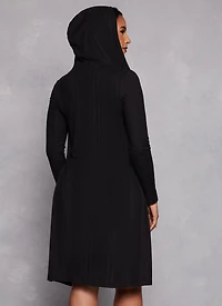 Womens Rib Knit Hooded Long Sleeve Duster, Black, Size S