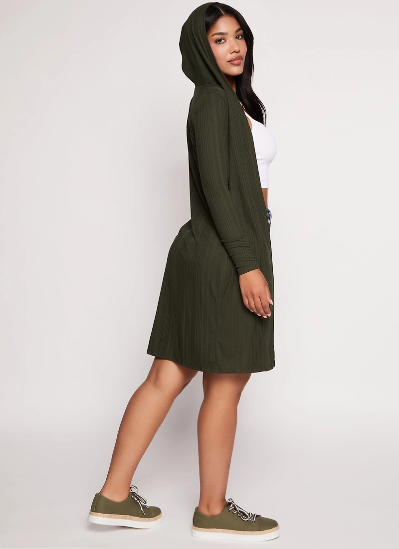 Womens Rib Knit Hooded Long Sleeve Duster, Green, Size S