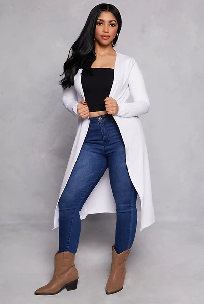 Womens Long Sleeve Open Front Duster, White, Size M