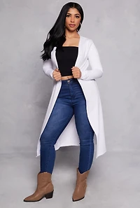 Womens Long Sleeve Open Front Duster, White, Size M