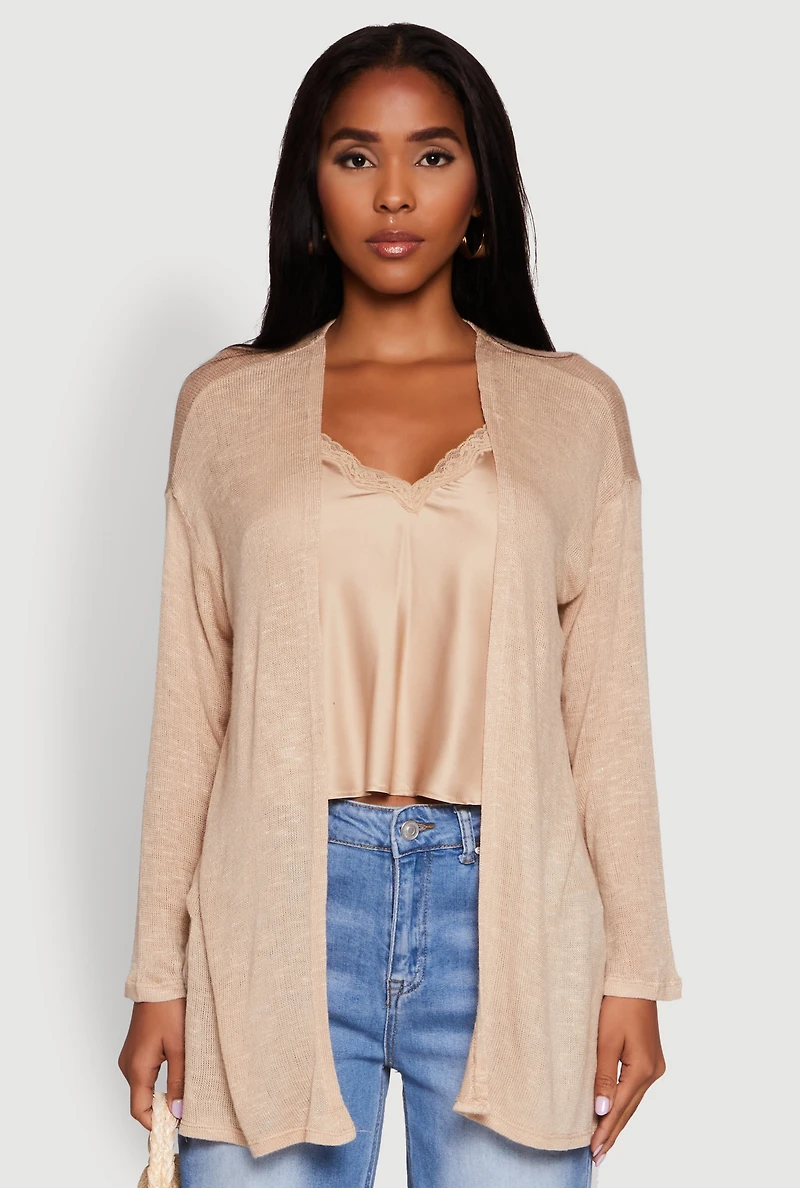 Womens Ambiance Brushed Knit Long Sleeve Duster, Beige, Size M